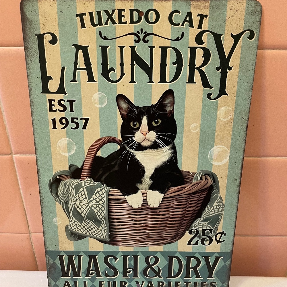 PRICE DROP! Wash Your Paws! Fun Vintage Look Tuxedo Cat Tin Wall Decor